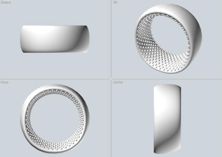 vue 3D dessus face et droite d'un anneau testiculaire de contraception thermique pour homme andro-switch, anneau pénien